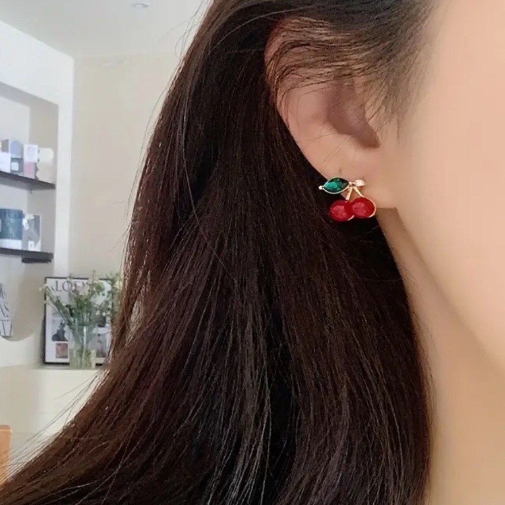 Exquisitely Cute Minimalist Red Cherry With Green Leaves Stud Earrings - Picture 8 of 8